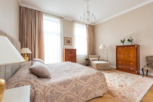 Chambre élégante avec lit double, mobilier en bois, tapis et lumière naturelle à travers de grandes fenêtres.