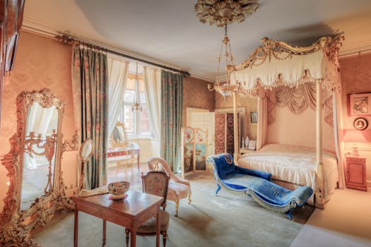Chambre élégante du Château de Sainte-Julie avec lit à baldaquin, fauteuils et miroir ancien. Décor raffiné de la Renaissance