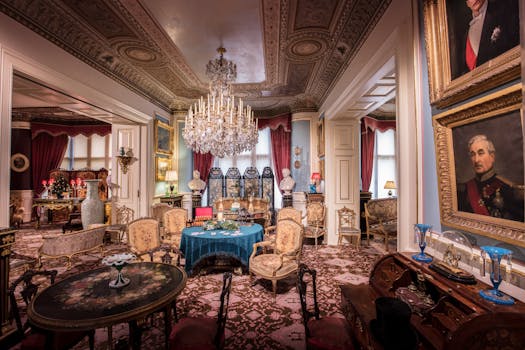 Intérieur élégant du Château de Sainte-Julie avec lustre, mobilier ancien et décor raffiné. Chambres d'hôtes et séminaires.